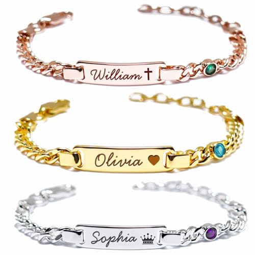 Custom Baby Birthstone Bracelets with Name for Infant Girls, Personalized 18K Gold Plated Bracelet Engraved Name Baby Birthday Gifts for Boys, Kids Jewelry for Girls