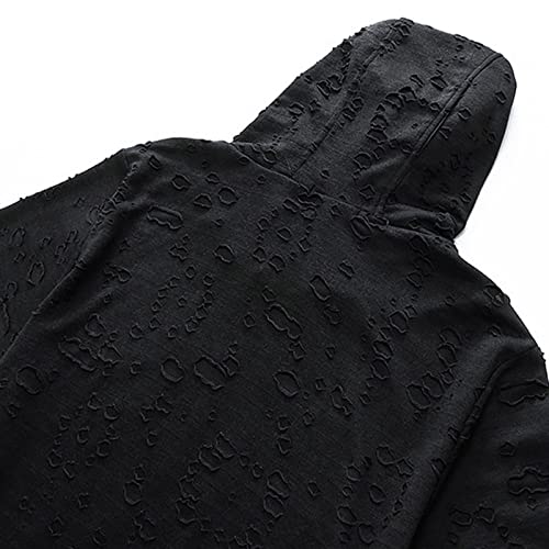 Men's Ripped Hoodies T-Shirt Hipster Short Sleeve Solid Color Tee Shirts Summer Fashion Workout Top Gothic Punk Tops Black #TOP7