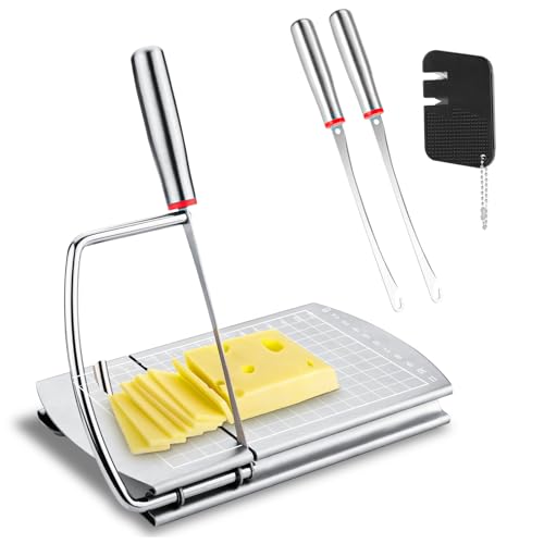 Cortador de Queso, Acero Inoxidable Cortador de Mantequilla con 2 Cuchillas de Repuesto y Afilador de Cuchillos Tabla Cortadora de Queso Rebanador de Mantequilla para Quesos Mantequilla