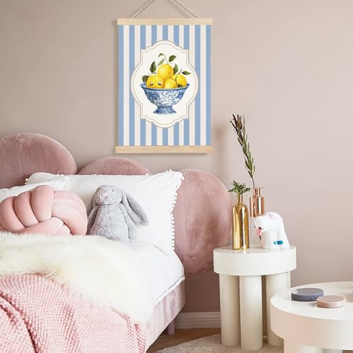 Image of PQKIY Blue and White Chinoiserie Porcelain Lemon Wall Art Poster Hanger Frame 12x16 in, Grandmillennial Summer Lemon Fruit Blue Striped Wall Decor Canvas Prints for Home Kitchen Bedroom Living Room