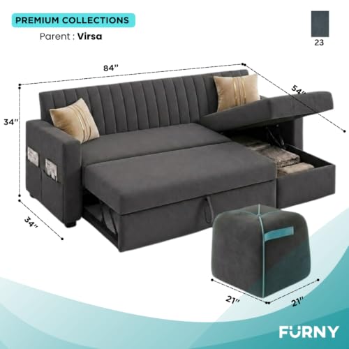 Image of CASASTYLE Kyagar 5 Seater RHS L Shape Sofa with Pull Out Bed, Storage Lounger & Suri Pouf Ottoman | Soft Velvet Suede Fabric | Comfort Cushions | Ideal for Living Room, Hotel & Office (Dark Grey)