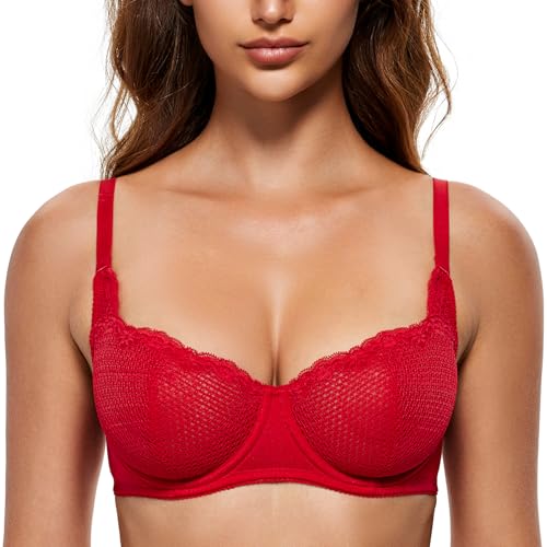 Image of Wingslove Women's Sexy Lace Bra Mesh Balconette See Through Bralette Half Cup Sheer Bras Unlined Underwire Suppport