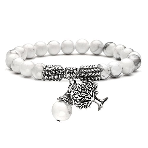 Jovivi 8MM White Turquoise Natural Gemstone Healing Crystal Tree of Life Lucky Charm Stretch Bracelet