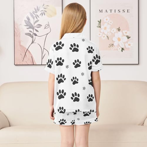 ALAZA Snowflake Paw Print White Satin Pajamas Set Short Sleeve Button Down Sleepwear Summer Pjs 2 Piece4