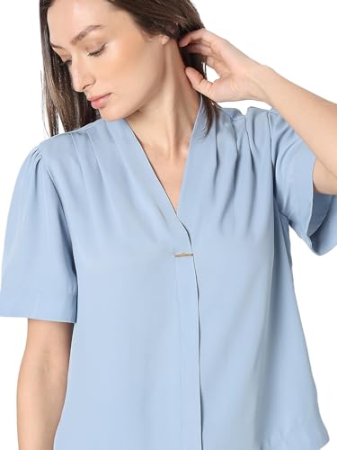 Image of VERO Moda Women's Regular Fit Solid V-Neck Top | Day to Evening | Short Sleeves Top for Women