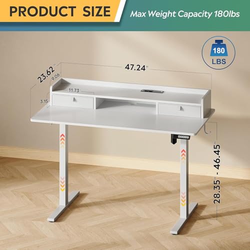Image of DEVAISE 48 Inch Electric Standing Desk with Shelf, Adjustable Computer Desk for Home Office, with LED Touchscreen,Headphone Hook, 3 Memory Preset, with One-Piece Desktop, White