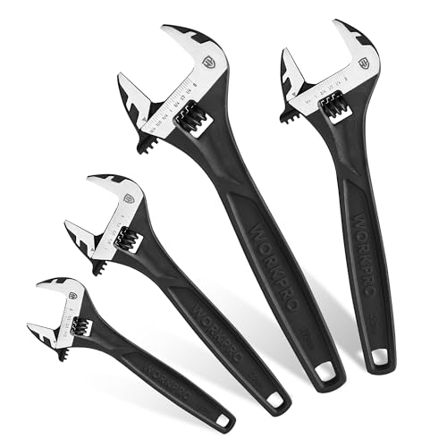 WORKPRO 4-piece Adjustable Wrench Set, 6-inch, 8-inch, 10-inch, 12-inch, Cr-V Steel, Corrosion-Resistant Black Oxide Finish for Automotive Plumbing and Household Repairs