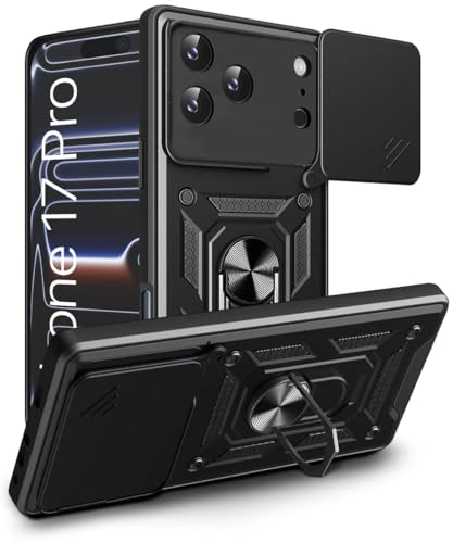 Image of WOW IMAGINE Tough Armor Bumper Mobile Back Case for iPhone 17 Pro | Sliding Camera Shield Cover | Shock Proof 360 Protection | Hybrid PC + TPU | Ring Holder with Kickstand - Black