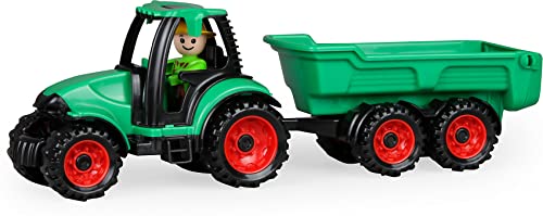 Lena Truckies Traktor mit Anhänger 38 cm, grün, Robustes Sandkasten Spielzeug mit abnehmbaren Anhänger, klappbare, Fahrerhaus, Kippmulde & Spielfigur, für Kinder ab 2 Jahren,
