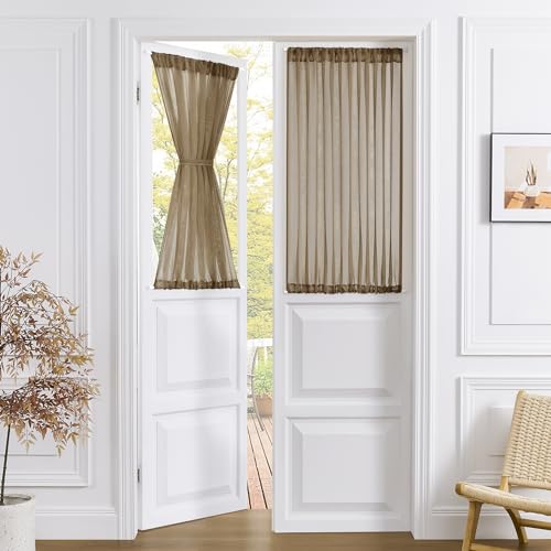 Tollpiz Small Sheer Door Curtain Closet Linen Textured Curtain Sheers Doorway Light Filtering Voile French Door Rod Pocket Curtains Patio Glass Door, 25 x 40 inches Long, Brown, Set of 1 Panel