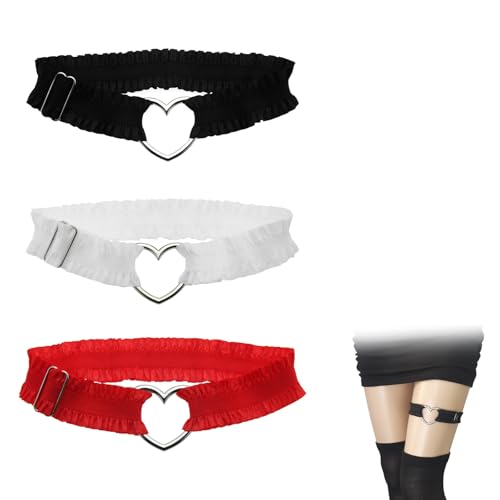3 Pcs Garter Belts for Women, Adjustable Heart Lace Thigh Garter for Wedding Bride, Leg Garters Band for Women Parties(Black/Red/White)