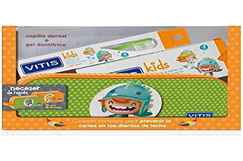 Vitis Kids Pack Gel Dentífrico Con Fluor Sabor Cereza, 50ml+cepillo Dental +años, 1ud+regalo Neceser, One size, Vanilla, 3 Unidad
