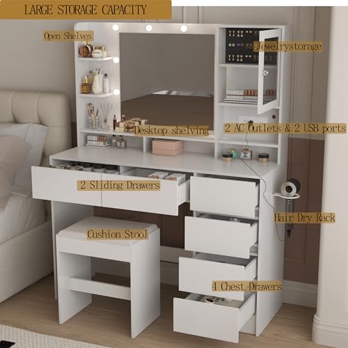 Image of Vanity Desk with Mirror and Lights, 43.3 inch Makeup Vanity Table with 6 Drawers and 3 Storage Shelves, Power Outlet & Stool, 3 Lighting Modes Adjustable Brightness, Dressing Table for Bedroom (White)