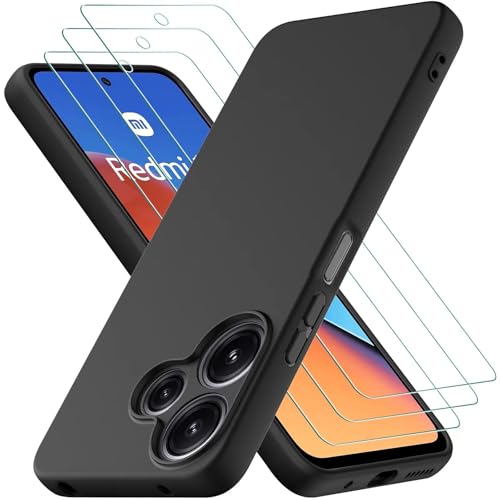Cover per Xiaomi Redmi 13 con 3 Pezzi Pellicola Vetro Temperato, Custodia in Morbida Silicone Liquido, Sottile e Antiurto con Rivestimento in Microfibra AntiGraffio, Nero
