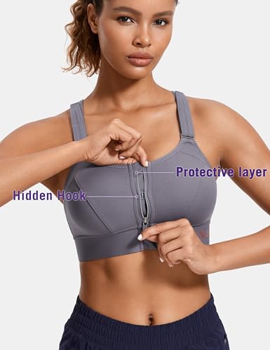 Image of SYROKAN Womens' Sports Bra High Impact Support Zip Front Adjustable Large Bust Racerback Wirefree Padded The Wild Wood 34DD