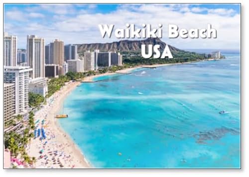 Waikiki Beach and Diamond Head Crater Including The Hotels and Buildings in Waikiki, Honolulu, Oahu Island, Hawaii, Fridge Magnet