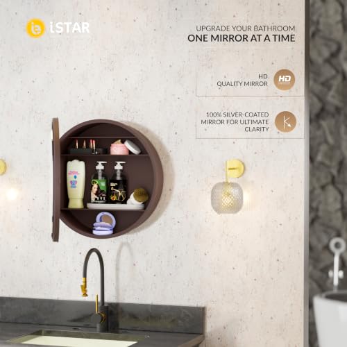 Image of iSTAR Round Wall Mirror with Storage Shelf | Bathroom Vanity Cabinet with Hidden Storage Cabinet | Wall Mounted, Bathroom, Bedroom, Living Room