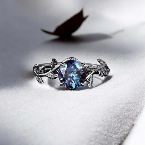 6MM Round Shape Purple Alexandrite Nature Inspired Leaf Ring Black Gold Plated Solitaire Minimalist Ring June Birthstone Women Fine Jewelry Promise Gift For Mother2