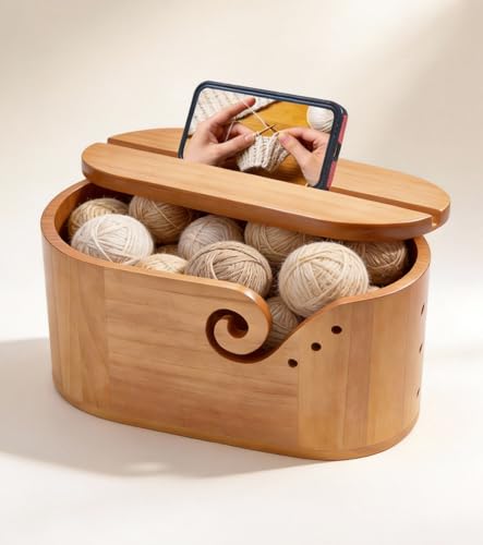 Large Wooden Yarn Bowls for Crocheting Yarn Bowl for Knitting with Anti-Slip Lid Crochet Bowl Storage Organizer 11.3 x 5.5 x 5.2 Oval Polished Surface Anti-Tangle Holds 4-6 Yarn Balls