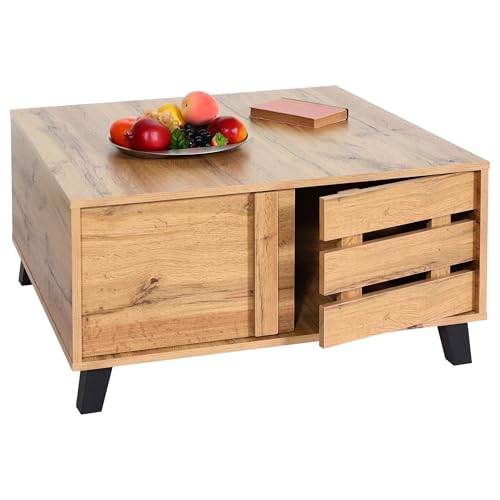 Mendler Mesa de centro HWC-M46, Mesa Cafetera, Mesa de Salón, Mesa Auxiliar, 2 Compartimentos de Almacenamiento, 43 x 81 x 81 cm