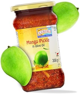Ashoka Pickled Mango in Olive Oil | All Natural | Traditional Indian Pickle | Medium Spiced | Great for Seasoning | Pickle Relish | Vegan | Kosher Certified | 300 Grams | Glass Jar (Pack of 1)