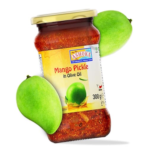 Ashoka Pickled Mango in Olive Oil | All Natural | Traditional Indian Pickle | Medium Spiced | Great for Seasoning | Pickle Relish | Vegan | Kosher Certified | 300 Grams | Glass Jar (Pack of 1)