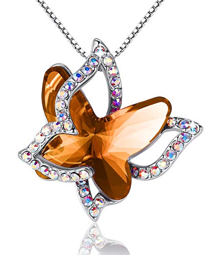 GEMMANCE Butterfly Crystal Necklace with Amber Brown Birthstone for November,