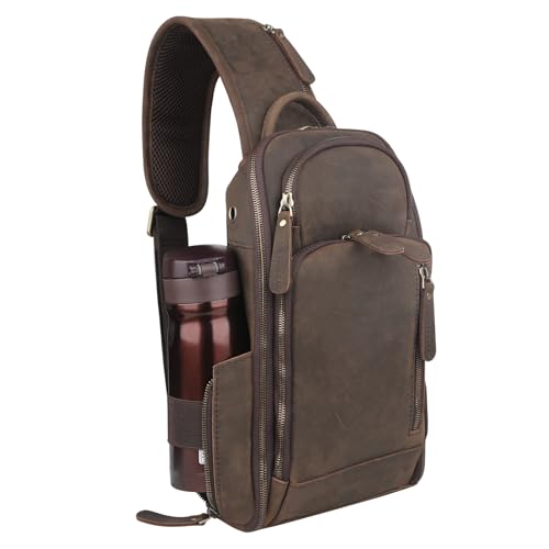 Fshsup Leather Sling Bag for Men,Sling Bag for Men Crossbody Tactical Shoulder Bag for Vintage Backpack Women fit 11 inch ipad (Dark Brown)