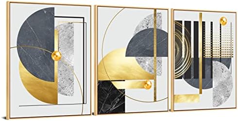 3Pcs Large Size Canvas Wall Art, Grey Black and Gold Foil Wall Decor, Nordic Luxury Gold Framed Painting Print, Abstract Geometric Art Poster for Living Room Bedroom Home Hallway Decor 16 * 24 Inch