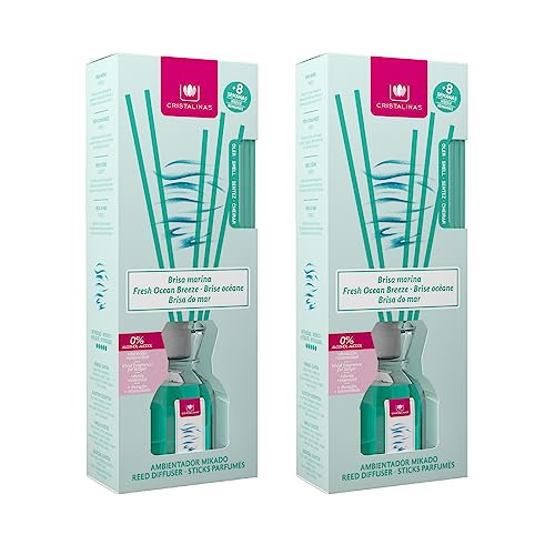 CRISTALINAS. Pack 2 Ambientador Mikado Clásico. Difusor con Varillas de ratán. Formula sin Alcohol. Máxima duración: más de 8 semanas. Capacidad 40ml. Aroma: Brisa Marina. (2x40ml)