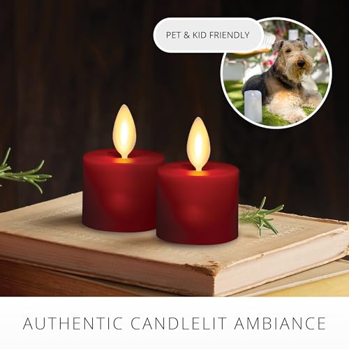 Image of Luminara Moving Flame LED Flameless Tealight (1.4 inch x 2 inch) Remote Ready Battery Operated Plastic LED Flameless Tea Light - Smooth Matte - Pearl Ivory (2-Pack Burgundy)
