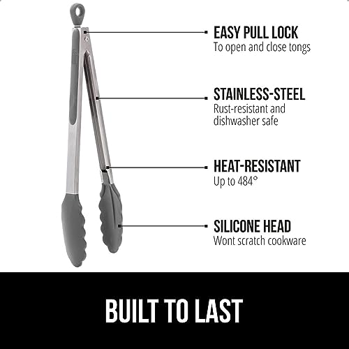 Image of GORILLA GRIP Stainless Steel Heat Resistant Kitchen Tongs for Cooking, Set of 2 BBQ Tong, Non Scratch Silicone Tip for Pans, Strong Grip, Grab Food, Toss Salad, Air Fryer, Pull Lock, 7 + 9 Inch, Gray
