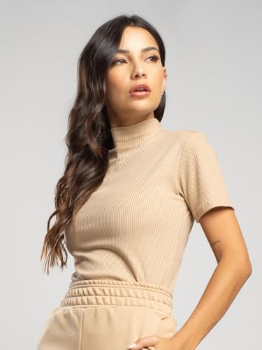 Blusa Básica Feminina Gola Alta Manga Curta Canelada Casual (BR, Alfa, M, Regular, Bege)