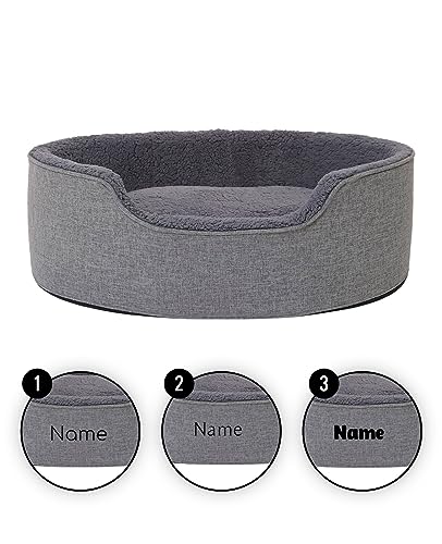 lionto Hundebett mit Wendekissen und waschbarem Bezug, formstabiles Hundekörbchen mit Anti-Rutsch-Noppen, 73x60 cm, kuscheliges Heimtierbett für Hunde und Katzen mit Plüsch, grau (Namensaufdruck)