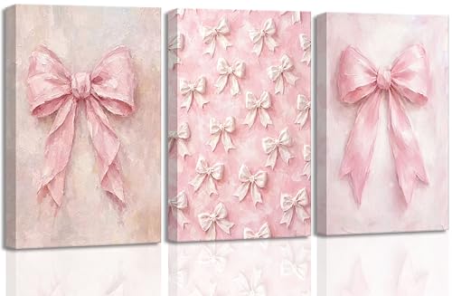 Image of 3Pcs Pink Bow Canvas Wall Art Vintage Trendy Cute Preppy Watercolor Bow Painting Pictures Wall Decor Posters Prints Girly Aesthetic for College Apartment Bedroom Decoration