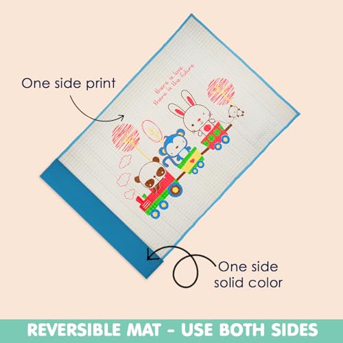 Image of BabyMoo Air-Filled Waterproof Multi-Functional Baby Rubber Mat for Massage and Diaper Change, Baby Crawling mat, Floor mat for Kids, Bed Protector,Non Toxic, Non Slip |Animal Chu Chu Train Blue
