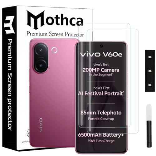 Image of Mothca Curved UV Tempered Glass Screen Protector for Vivo V60e | Transparent | Pack of 2 | Borderless Full Screen Coverage with UV Installation Kit