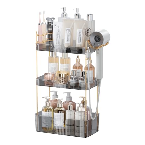 Image of Akinbas 3 Tier Bathroom Organizer Countertop Makeup Perfume Tray Skincare Organizer Comes with Hair Dryer Rack and Toothbrush Holder for Bathroom Dresser Vanity (Grey)