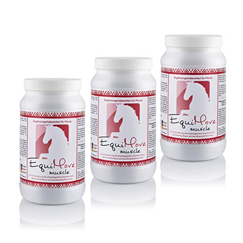 3 Dosen EquiMove Muscle (3 x 1,5 kg). Gamma-Oryanol und Algen ohne Aromastoffe. Effektiver Muskelaufbau für Dein Pferd.