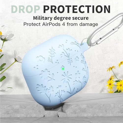 Image of New Engraved Soft Silicone Case Compatible with Apple AirPods 4 Generation (2024) with Keychain, Full 360 Protection Dust-Proof Shockproof Case Cover (Cover Only) (Sky Blue)