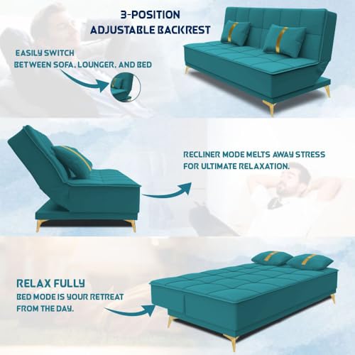 Image of Adorn India Premium New Alyssum 3 Seater Sofa Cum Bed 4X6 Velvet Suede with 2 Cushions (Color Aqua Blue) and Suitable for All Indoor, with 3 Years Warranty