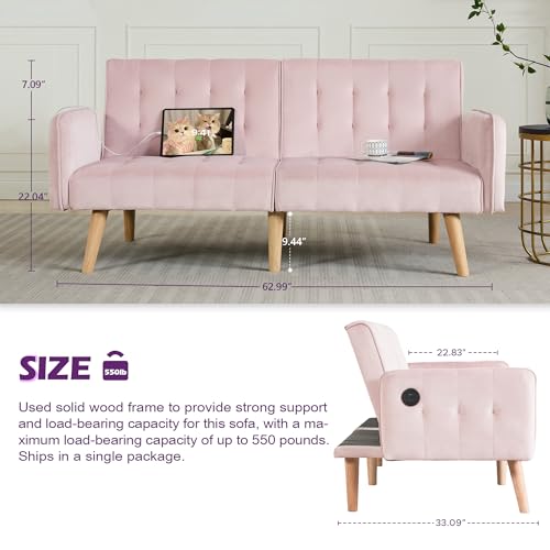 Image of TYBOATLE 65 inch W Velvet Modern Convertible Folding Futon Couch Sofa Bed w / 2 USB Charging Ports and arms, Loveseat for Compact Living Space, Dorm, Game Studio, Bonus Room, Apartment, Bedroom (Pink)