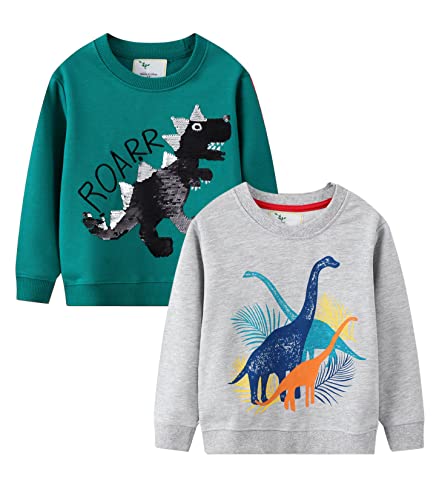 Image of LOKTARC Toddler Boys Graphic Crewneck Sweatshirts 2-Pack, Sizes 2T-7 | Cotton Blend French Terry, Dinosaur, Construction and Shark Graphics, Ribbed Trim, Preschool Daycare Outdoor