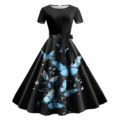 Sommerkleid Damen, Kleider Damen 1950er Rockabilly Cocktailkleid mit Schleife Schmetterling Drucken Swing Faltenrock Knielang Vintage Abendkleid...