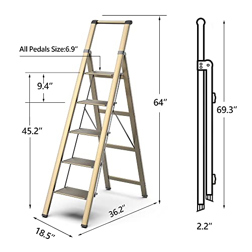 GameGem 5 Step Ladder for 10 Feet High Ceiling, Lightweight Aluminum Folding Step Stool with Convenient Handgrip, Stepladders with Anti-Slip and Wide Pedal for Home Use Space Saving - Gold