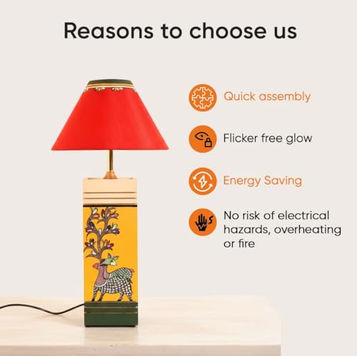 Image of AAKRITI ART CREATIONS MDF Board Table Lamp for Study Room, Bedroom & Living Room Decoration | Madhubani Tree & Deer Motif Bedside Lamp with Cotton Fabric Shade | Aesthetic Night Lamp