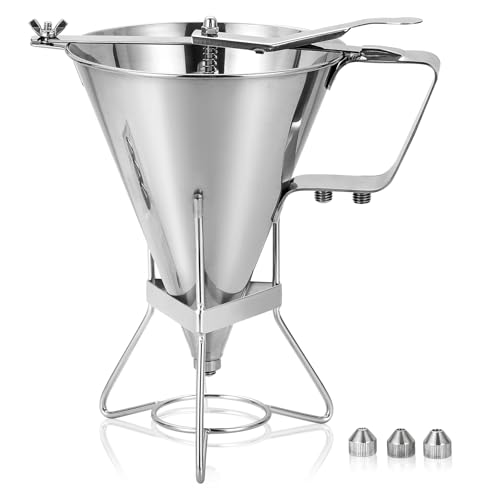 FLKQC Large 60oz Stainless Steel Pancake Batter Dispenser with Stand and Tools, Great for Pancakes, Cupcake, Candle Wax Pourer, Durable, Leak-Free and Easy to Clean