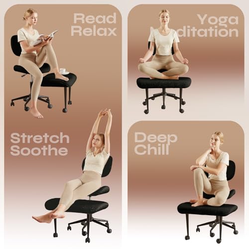 Image of Pinmoco Ergonomic Cross Legged Chair for ADHD, Meditation Chair with 360 Swivel Wheels, Kneeling Office Chair with Back Support, Strong Lumbar Support, Teddy Fabric, Black