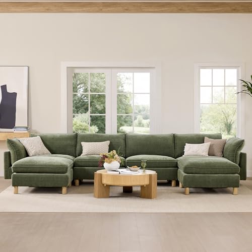 Image of CHITA 127 inch Super Large Sectional Couches for Living Room, Modular Cloud Couch Sectional Sofa, Premium Fabric Couches, Down Filled, High Density Foam, Chenille in Green, 4 Seat L Shaped