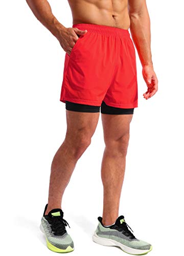 Pudolla Men’s 2 In 1 Running Shorts 5" Quick Dry Gym Athletic Workout Shorts For Men With Phone Pockets(Dark Red Medium) #TOP1
